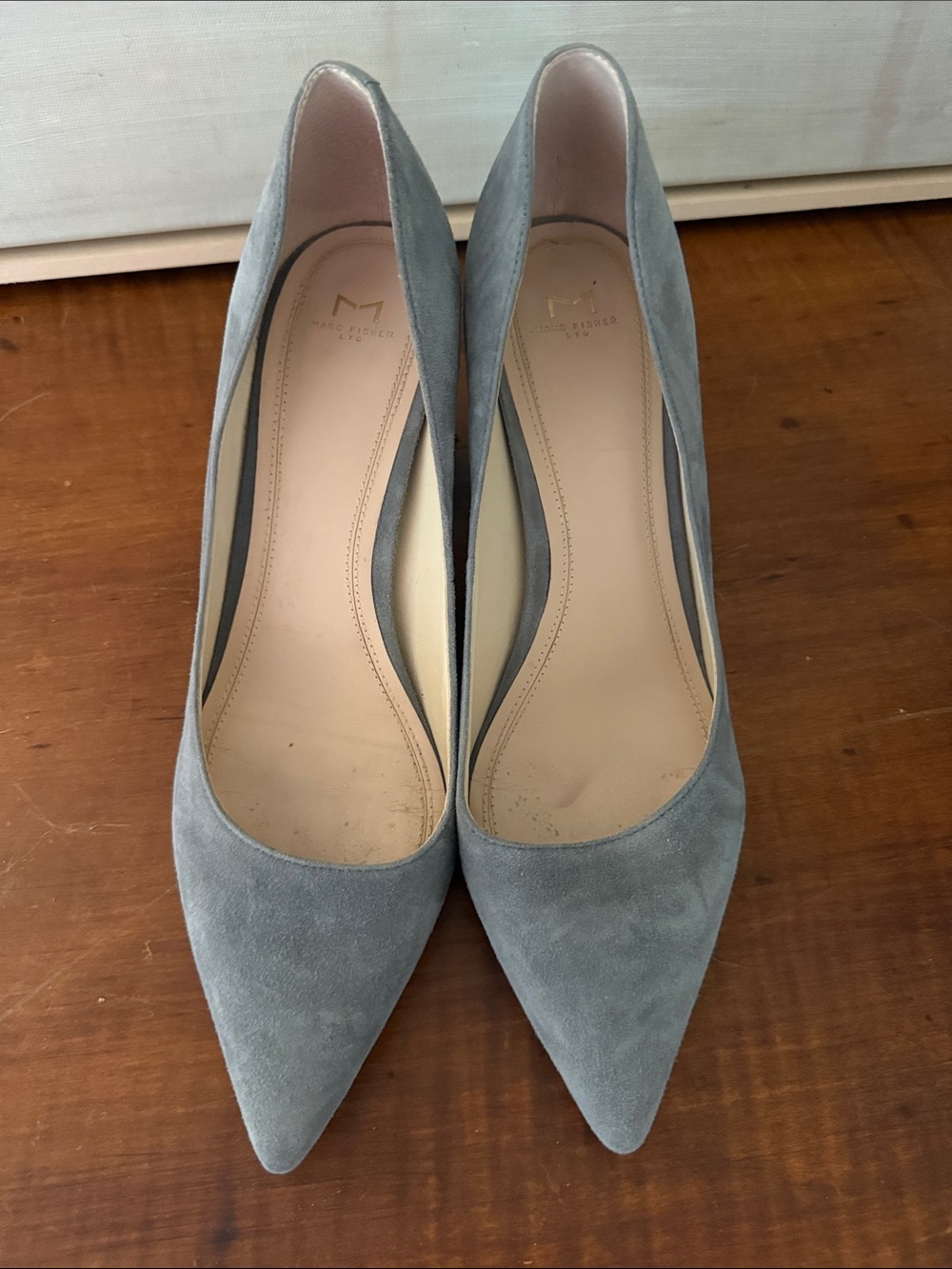Marc Fisher Pointed Suede Pumps in Light Gray